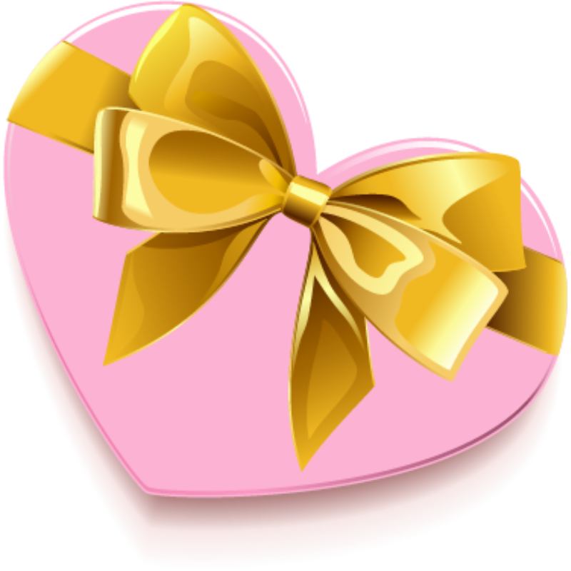 A pink heart gift box with gold ribbon